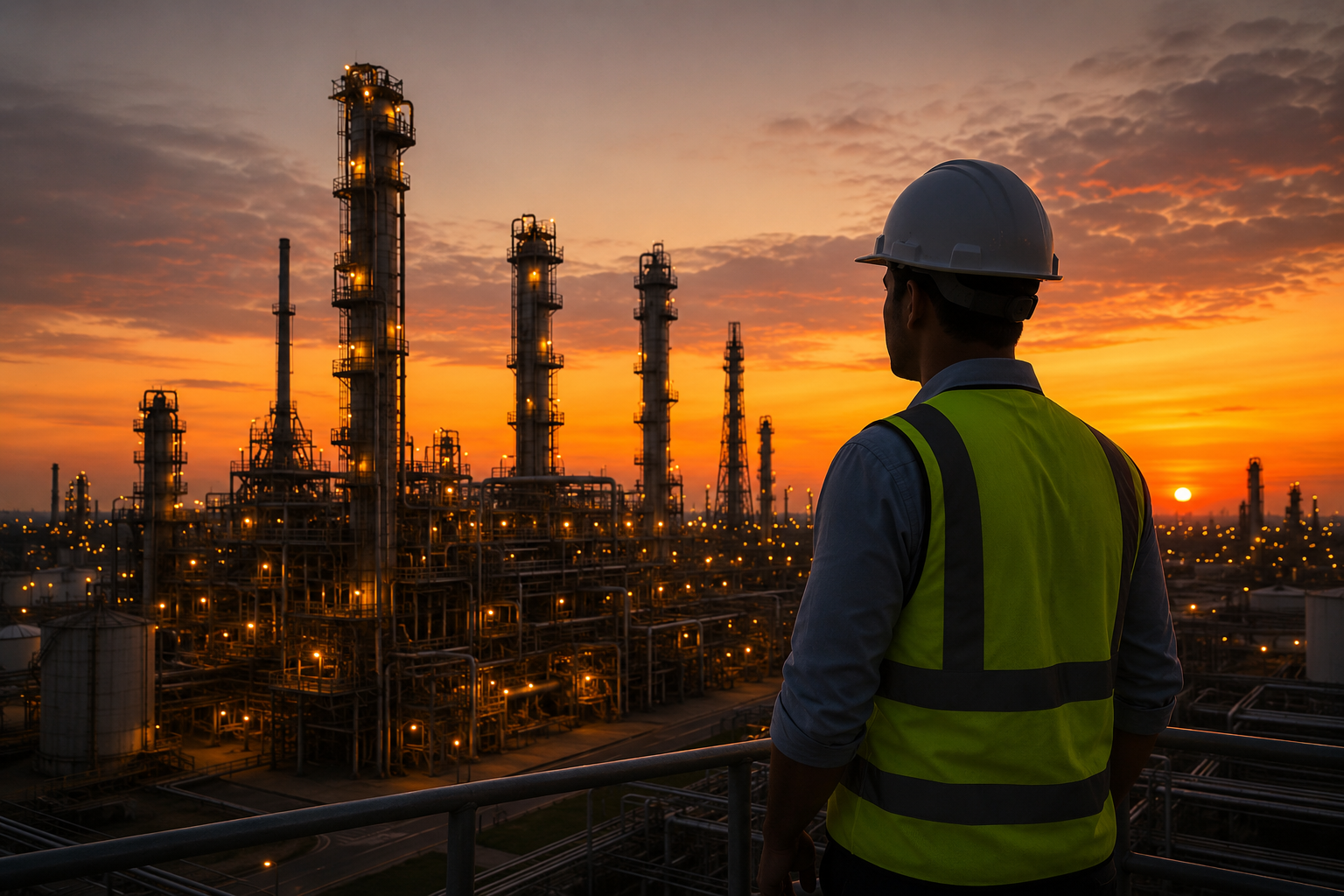 Engineer overlooking industrial plant at sunset